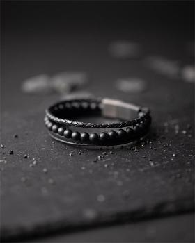 Preview: Dreifacharmband mit 6 mm Achatstein und Nappaleder - Triple Black